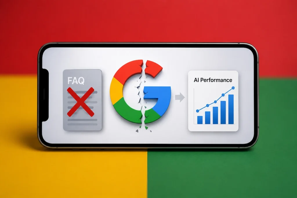Google FAQ rich results removal and new AI Performance reporting shown on a smartphone screen.