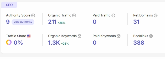 SEMrush SEO results showing 1,300 keywords and 211 organic visitors