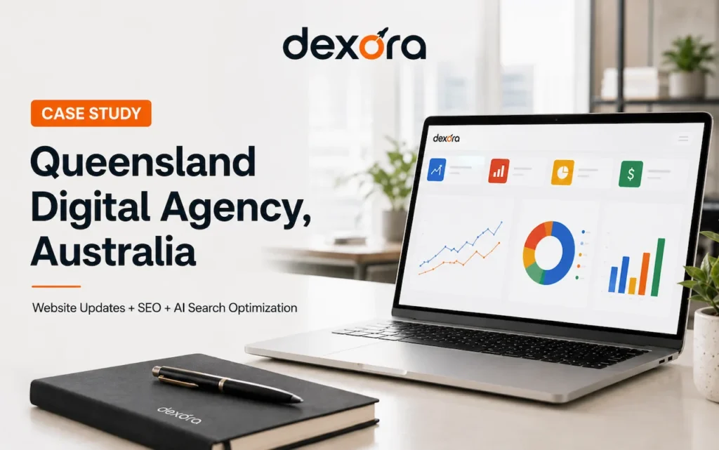 Queensland digital agency SEO case study dashboard showing organic search growth by Dexora Digital.