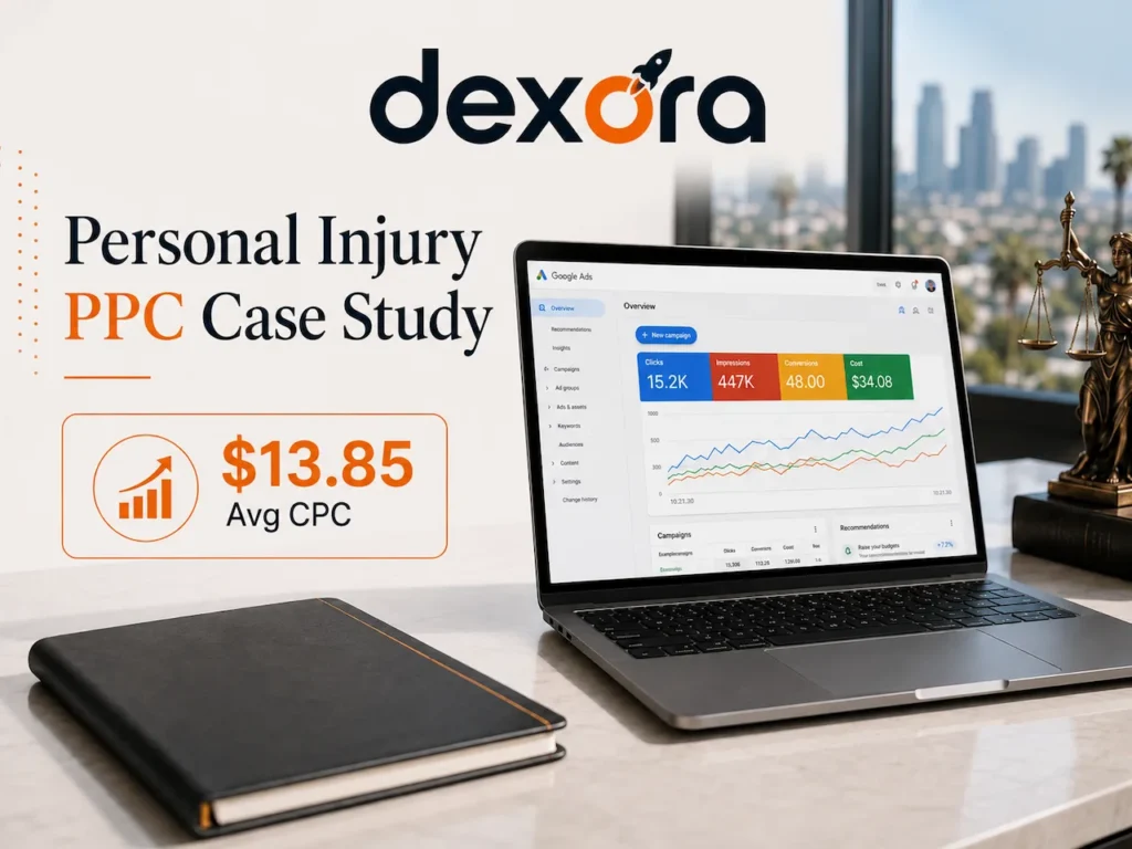 Los Angeles personal injury PPC case study showing $13.85 average CPC and Google Ads performance by Dexora Digital.