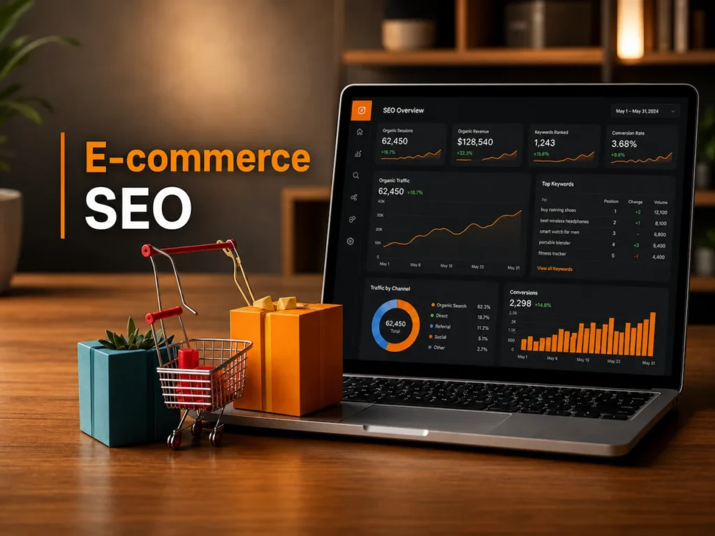 Ecommerce SEO dashboard on a laptop beside a shopping cart and product boxes in a modern office.