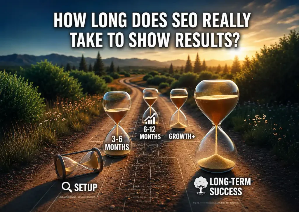 SEO timeline with hourglasses showing setup, 3–6 months, 6–12 months, growth, and long-term success.