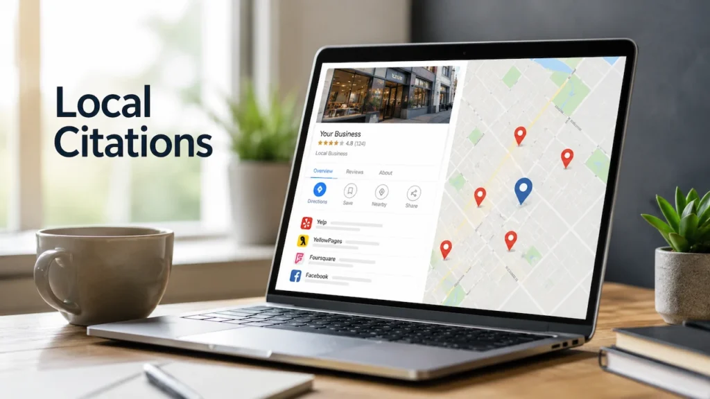 Local citations dashboard showing business listings and map pins that support stronger local search rankings.
