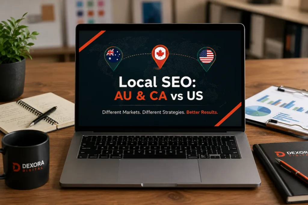 Local SEO comparison for Australia, Canada, and the US displayed on a laptop in a professional workspace.