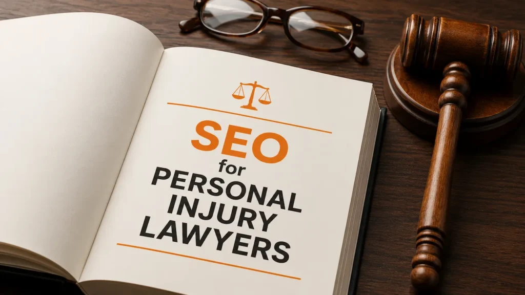 SEO for personal injury lawyers featured image showing an open law book on a desk with a gavel and glasses.