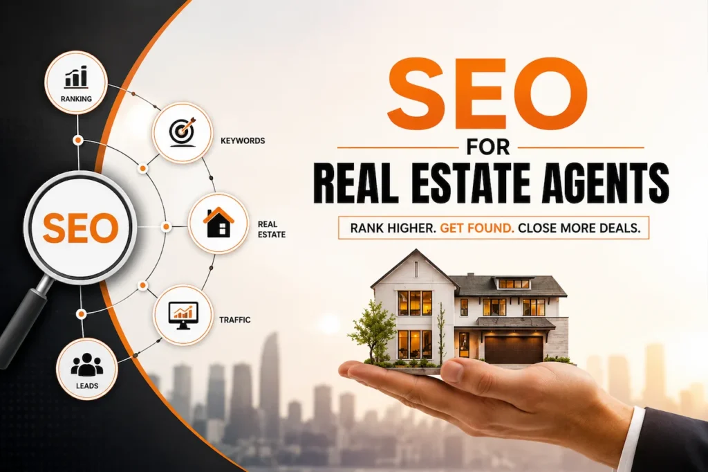 SEO for real estate agents with a modern house on a hand and an upward growth arrow.