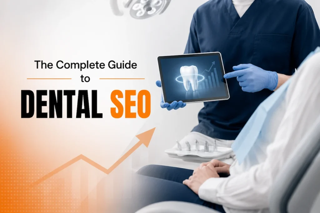 Dentist showing dental SEO growth on a tablet to a patient in a modern clinic.
