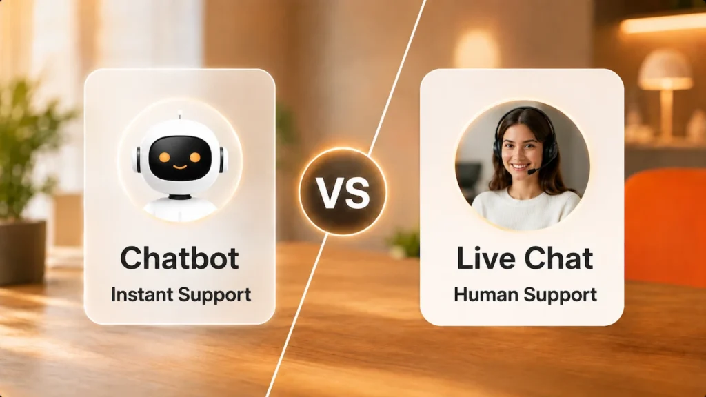 Chatbot interface beside a live chat agent, comparing support options for local service businesses.
