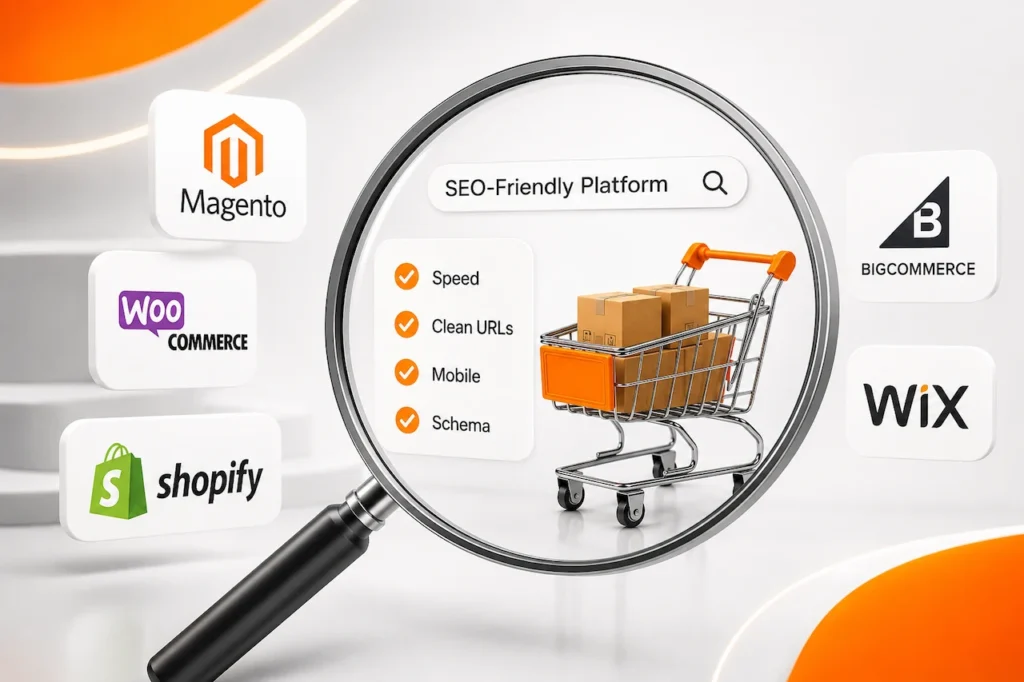 SEO-friendly ecommerce platform comparison with Shopify, WooCommerce, Magento, BigCommerce and Wix logos.