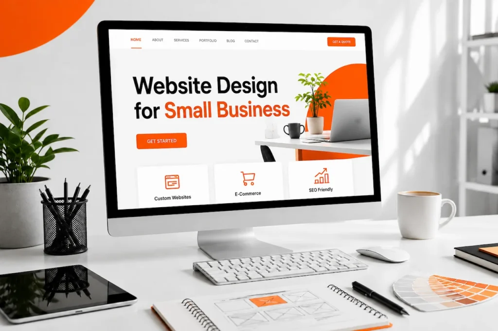 Professional small business website design displayed on a modern desktop workspace with orange branding accents.