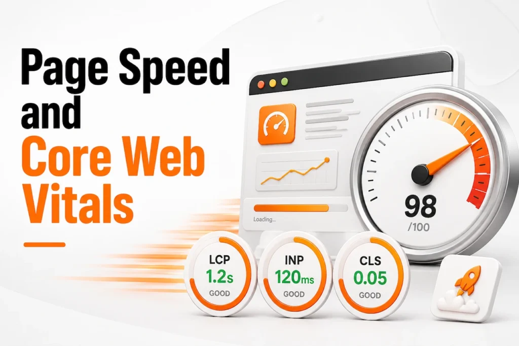 Page Speed and Core Web Vitals illustration with speedometer, performance dashboard, and LCP, INP, CLS metrics.
