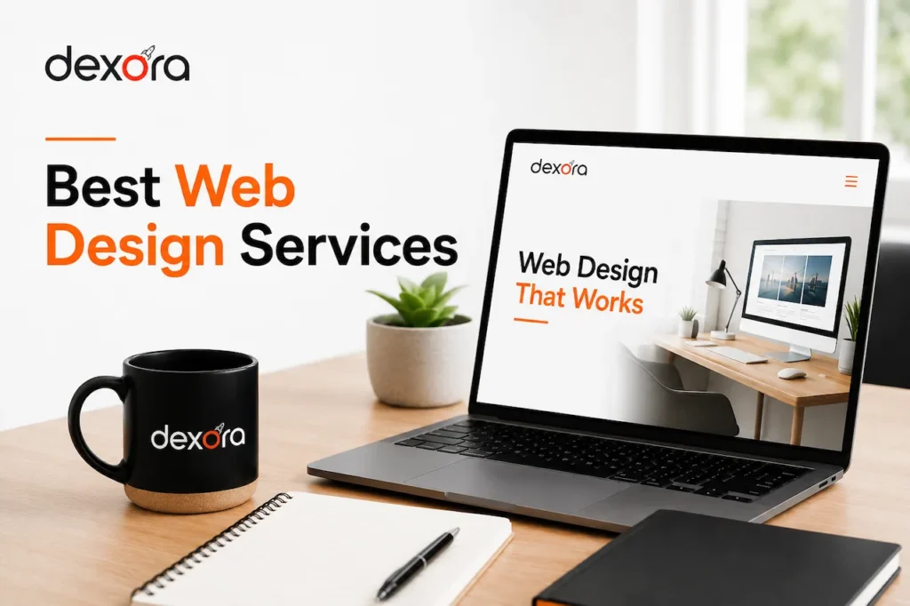 Best web design services displayed on a professional Dexora-branded laptop workspace.