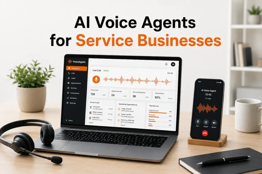 AI voice agent dashboard for service businesses with live calls, appointments, leads, and mobile call controls.