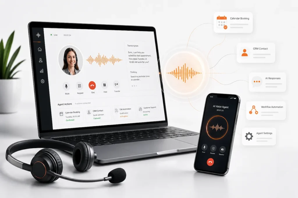 AI voice agent compared with a chatbot using automated calls, live chat, CRM updates, and appointment booking.