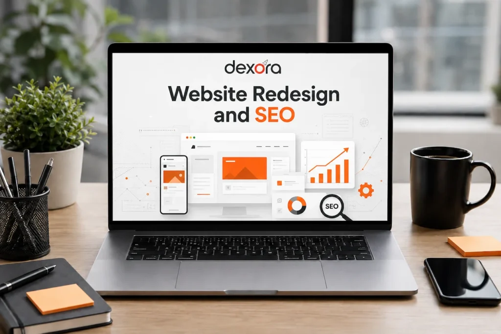 Dexora laptop screen showcasing website redesign and SEO services in orange, black, and white branding.