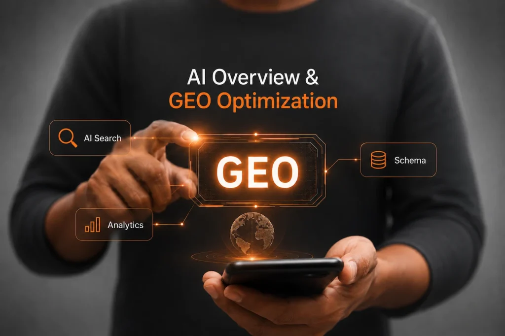 AI Overview and GEO optimization interface featuring AI search, schema, analytics, and mobile technology.