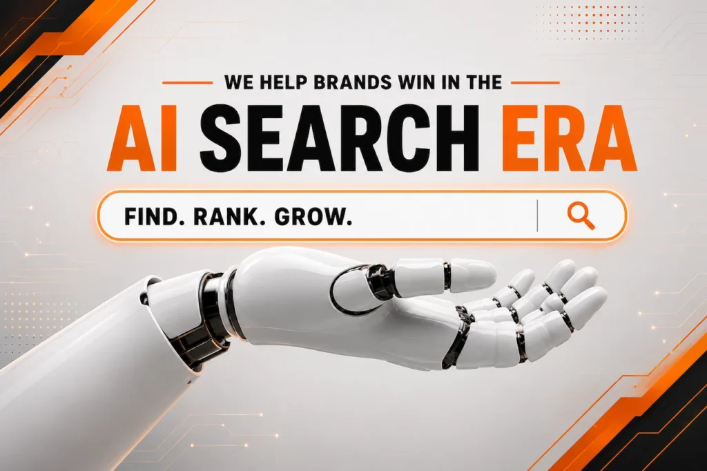 Bold AI Search Era graphic with a robotic hand, search bar, and orange-black corner accents on a light tech background.