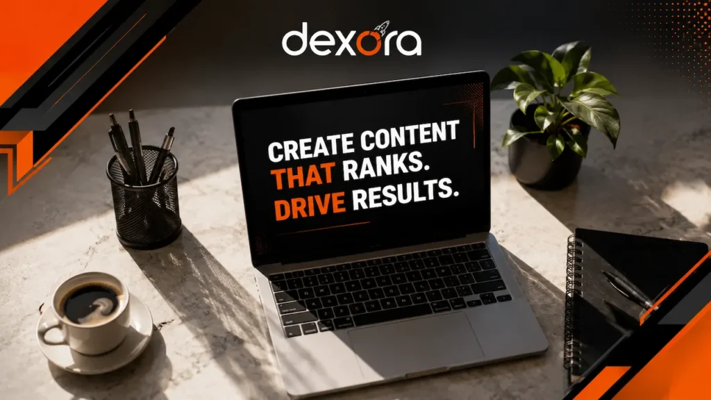 Dexora-branded workspace with a laptop displaying an SEO content strategy message in orange, black, and white.