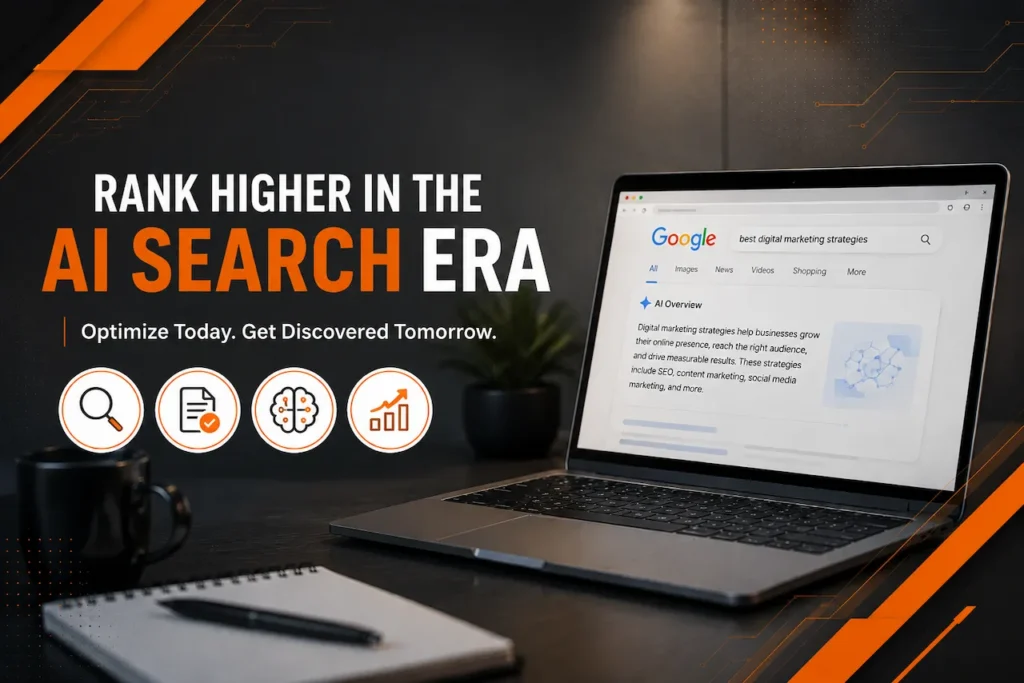 Realistic laptop displaying Google AI Overview beside bold AI Search Era text with orange and black SEO graphics.