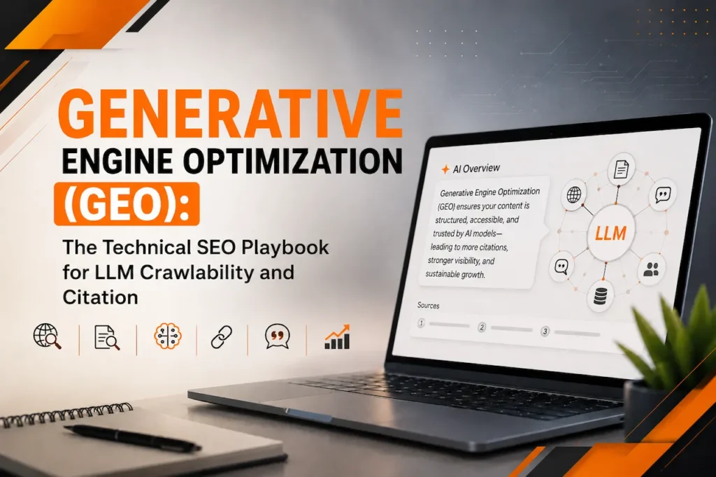 Generative Engine Optimization graphic with a realistic laptop, AI Overview interface, LLM network, and technical SEO icons.