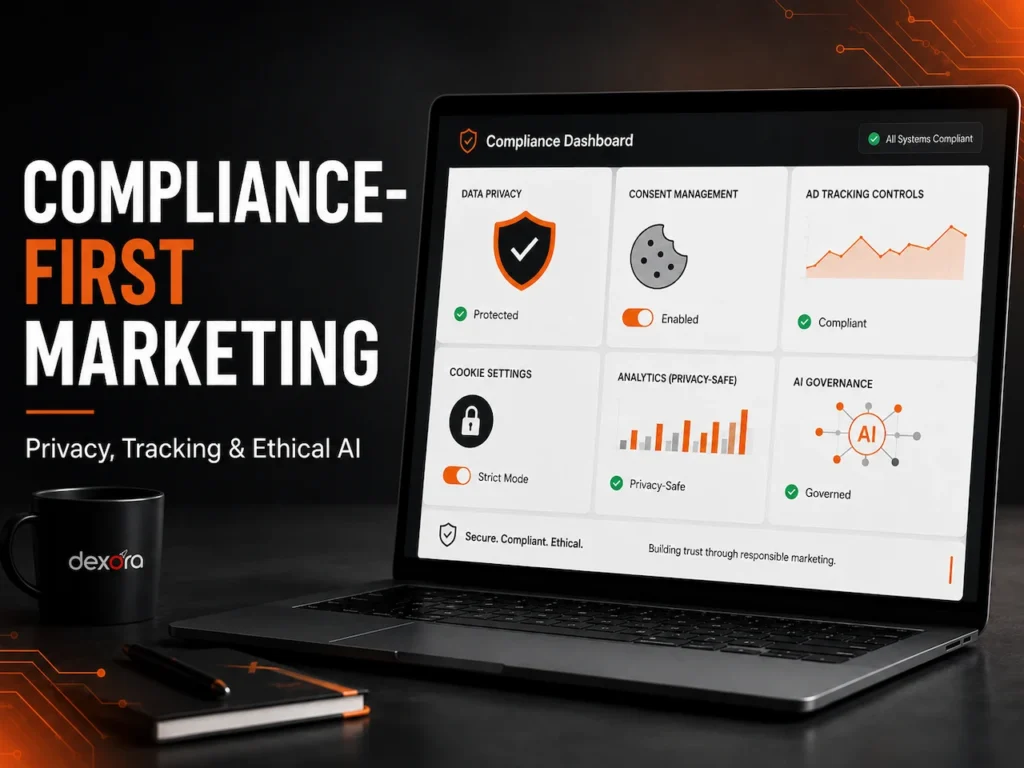 Compliance-first digital marketing graphic showing data privacy, ad tracking controls, ethical AI, and a Dexora-branded workspace.