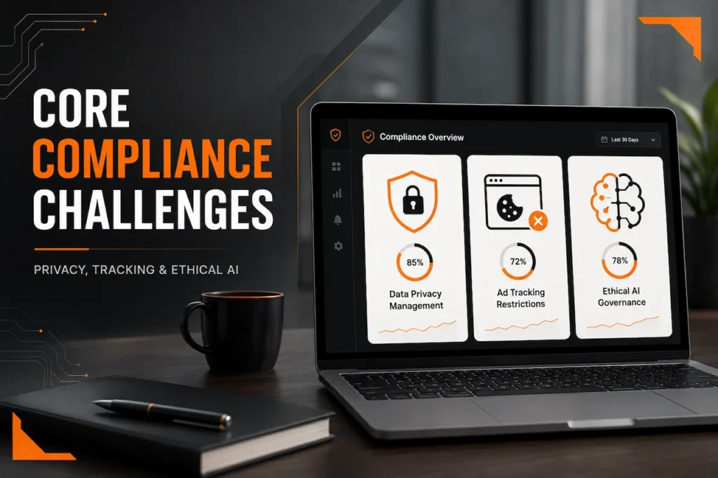 Compliance challenges graphic showing data privacy management, ad tracking restrictions, and ethical AI governance on a laptop dashboard with orange and black branding.