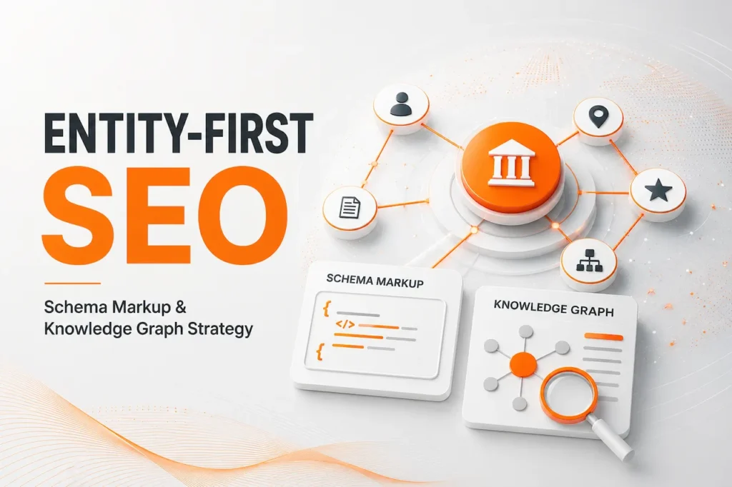 Entity-first SEO graphic illustrating schema markup, knowledge graph connections, and structured data strategy.
