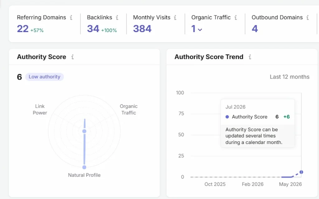 SEMrush backlink profile showing 22 referring domains, 34 backlinks, and early authority growth within the first 8 weeks.