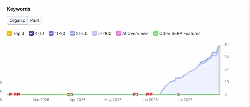 The keyword growth curve demonstrates how a technically optimized foundation combined with targeted local content accelerated visibility. The website moved from zero ranking keywords at launch to more than 100 organic keyword rankings within the first eight weeks.