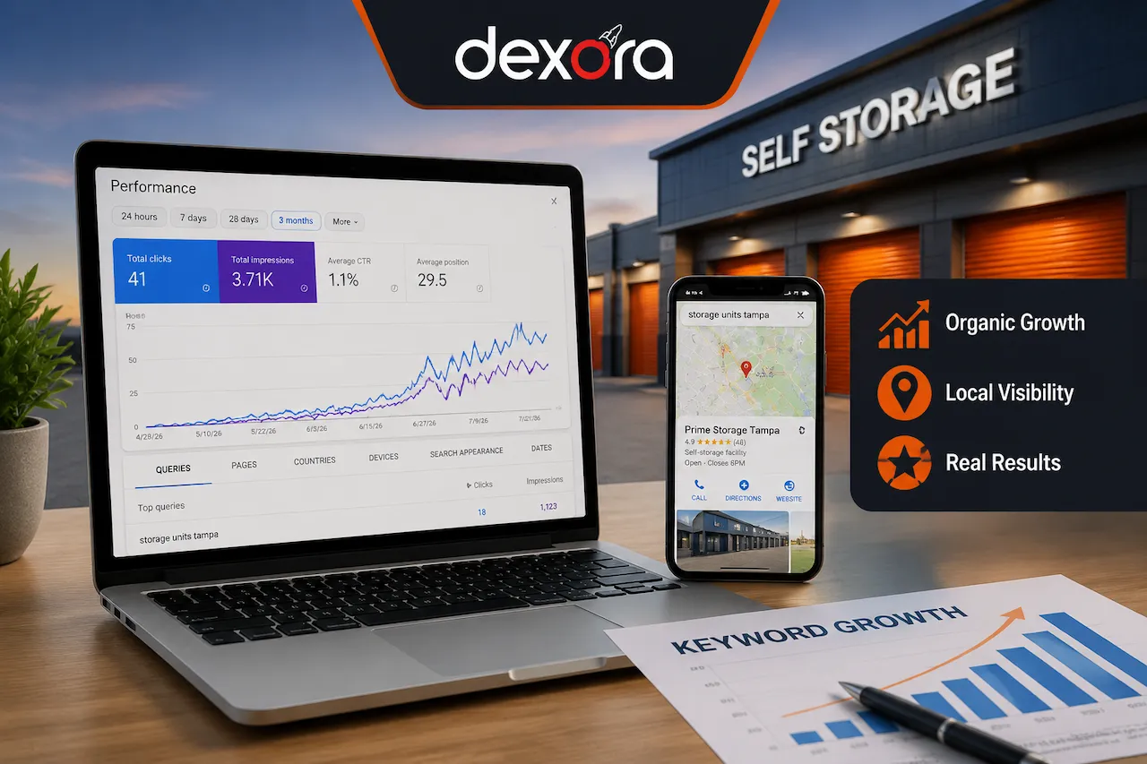 Dexora Digital Tampa storage SEO case study showing organic growth, keyword rankings, and local search visibility results
