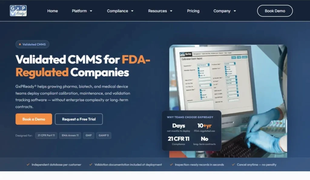 GxPReady validated CMMS platform for FDA-regulated pharma, biotech, and medical device companies.
