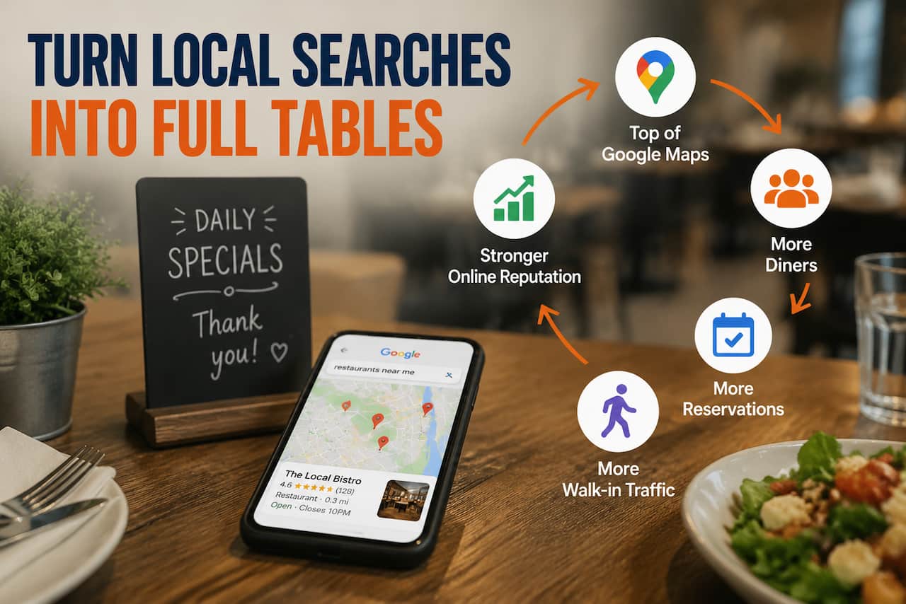 Restaurant table with smartphone showing Google Maps search and local SEO flow linking visibility, reviews, reservations, and more walk-in customers for full tables.