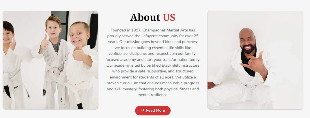 Karate Lafayette website design, screen 2