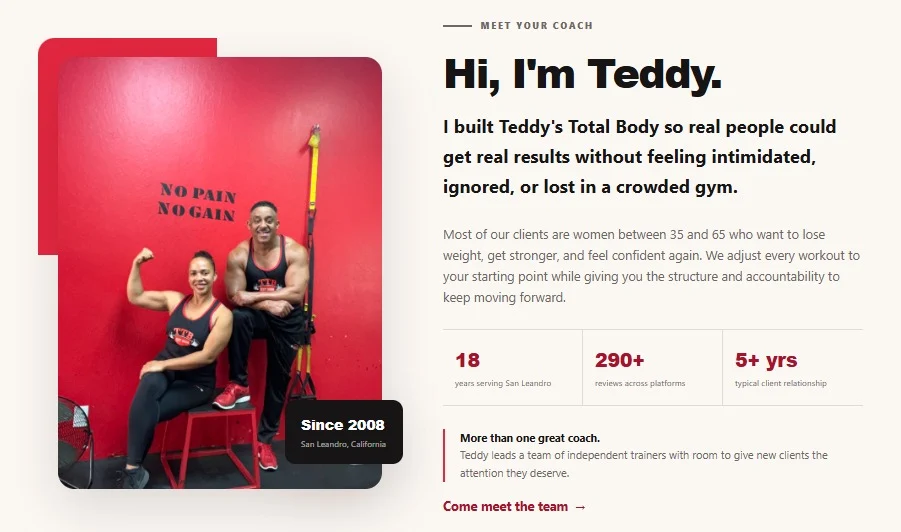 Teddy's Total Body website design, screen 2