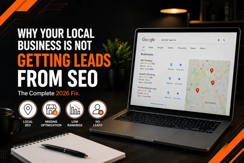 Local SEO featured image showing a laptop with Google Maps listings and reasons a business is not generating leads from SEO in 2026.