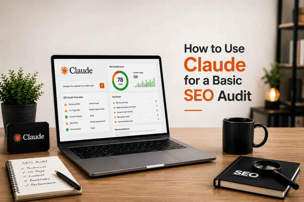 Professional workspace featuring a laptop displaying a Claude SEO audit dashboard with the title "How to Use Claude for a Basic SEO Audit" for a 2026 SEO guide.
