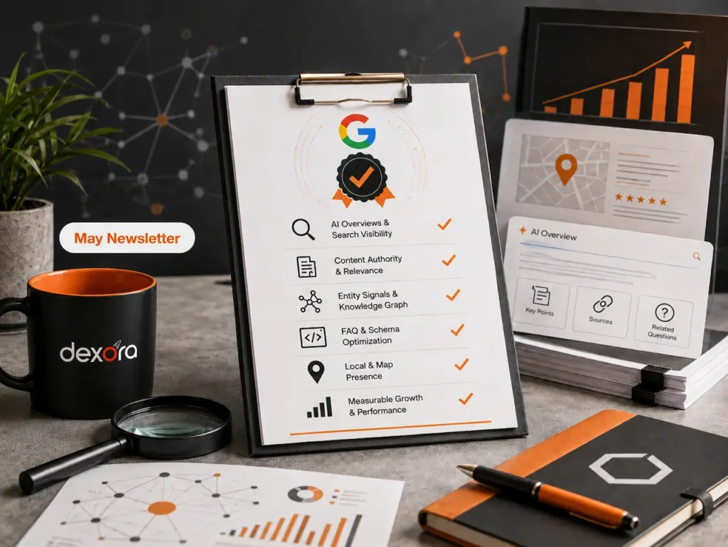 May Newsletter featuring Google AI Overviews, AEO optimization, entity signals, schema, local search visibility, and performance growth.