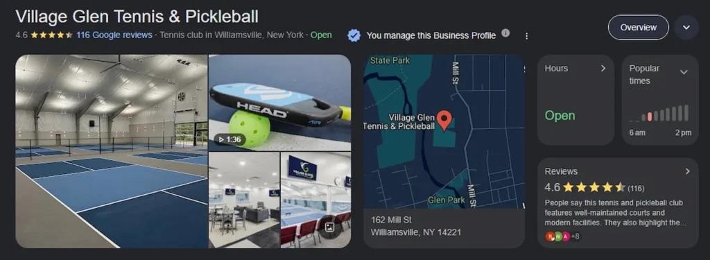 Village Glen Tennis and Pickleball Google Business Profile in Williamsville New York with 4.6 stars and 116 reviews