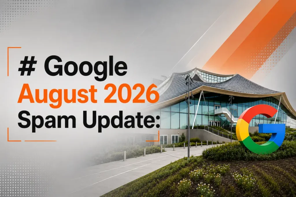 Google August 2026 spam update with Google campus building and SEO update headline.