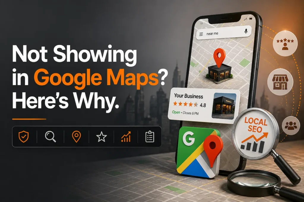 Local SEO graphic showing a business not appearing in Google Maps, with a map, location pin, business listing, and SEO analytics visuals.