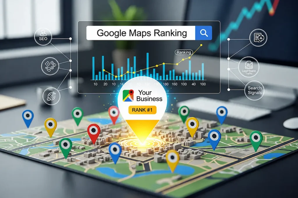 Infographic showing the three Google Maps ranking factors: relevance, distance, and prominence, with a business listing, location map, and ranking chart.