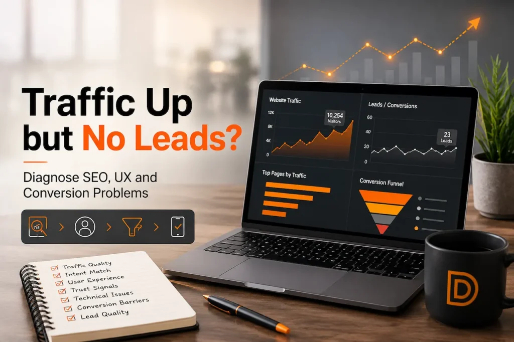 Professional SEO graphic showing website traffic increasing while leads remain low, with analytics charts, conversion funnel, and SEO and UX diagnostic icons.