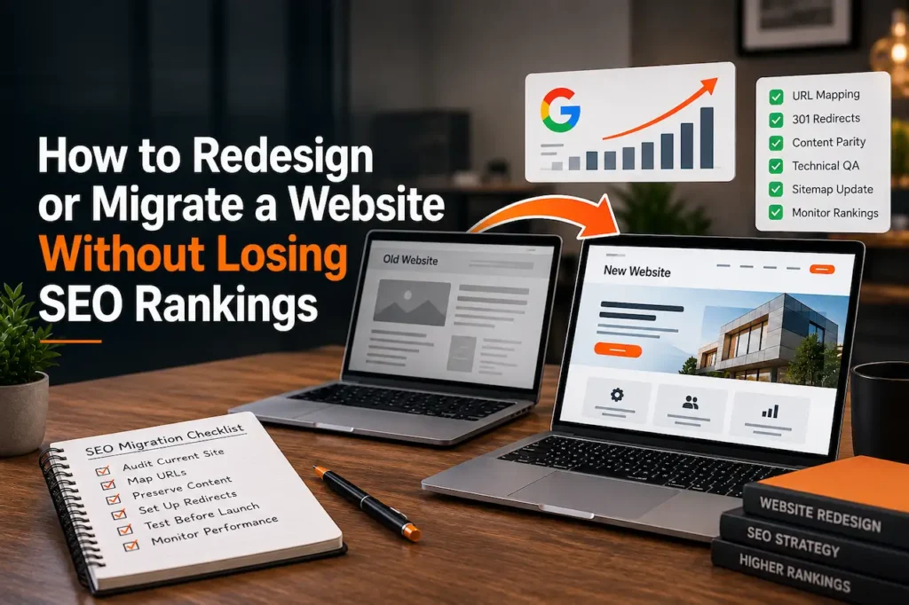 Professional SEO migration graphic showing an old website transitioning to a new website, with URL mapping, 301 redirects, content parity, technical QA, sitemap updates, and ranking monitoring.