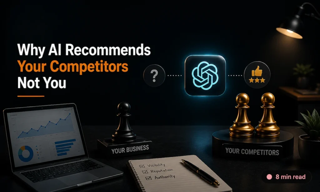 Professional AI SEO graphic showing ChatGPT recommending competitors over a business, with AI visibility, reputation, authority, and relevance signals.