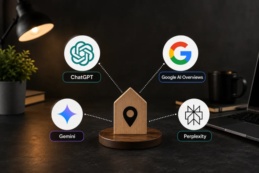 AI search optimization for local businesses with ChatGPT, Google AI Overviews, Gemini, and Perplexity tools.