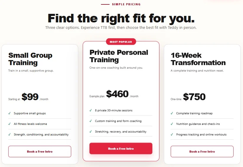 Teddy's Total Body website design, screen 4
