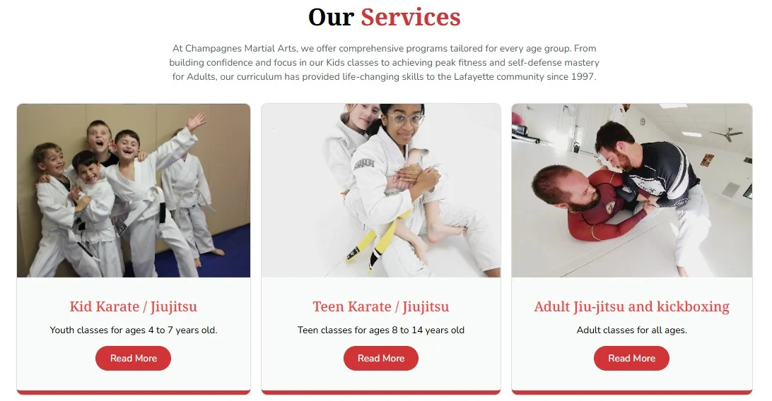 Karate Lafayette website design, screen 3