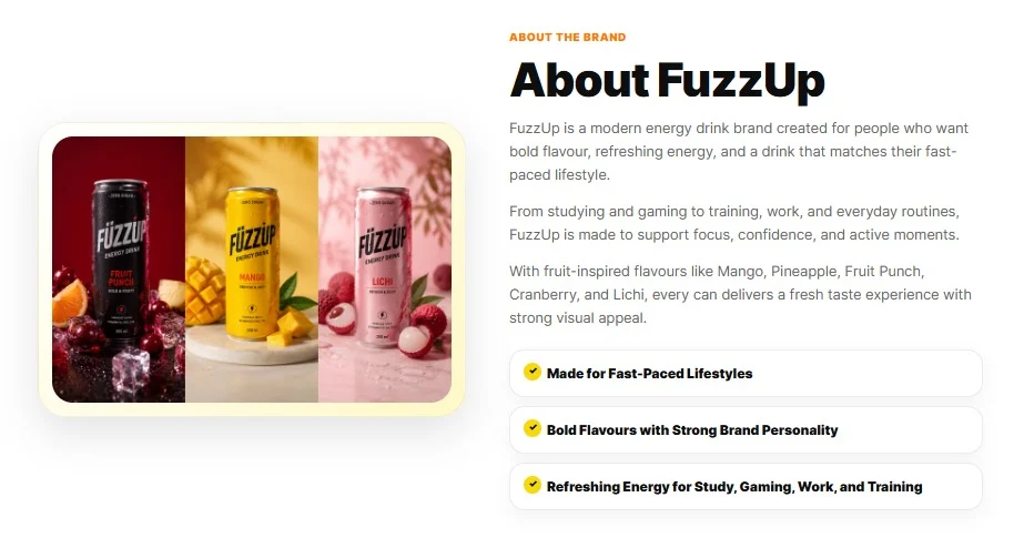 Fizzup Energy Drink website design, screen 2