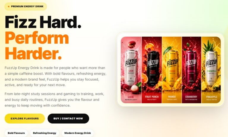 Fizzup Energy Drink product landing page design and product showcase
