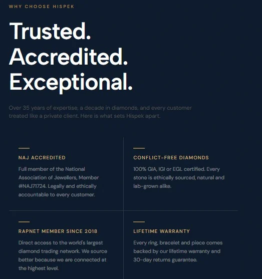 Hispek Diamonds website design, screen 5